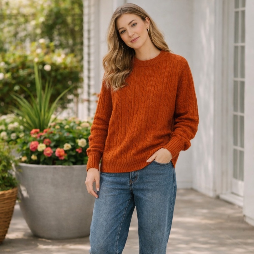 80s LORD JEFF wintuk Orion burnt orange CABLE KNIT SWEATER ECLECTIC GRANDPA L